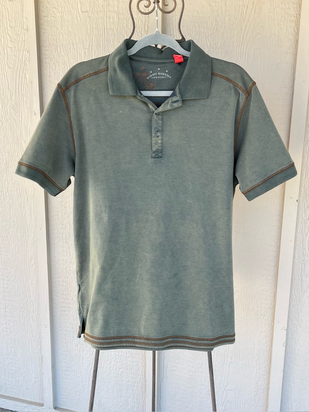 Tommy Bahama Denim Men's Polo Golf Casual Green Short-Sleeve Tan Top Stitching L